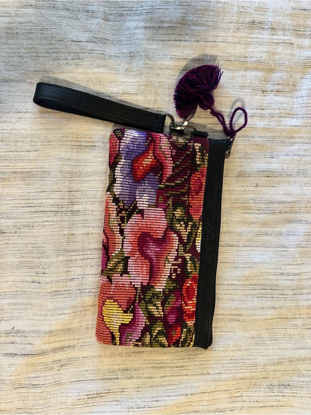Nena & Co Clutch Floral Embroidered Wristlet Pouch with Pom